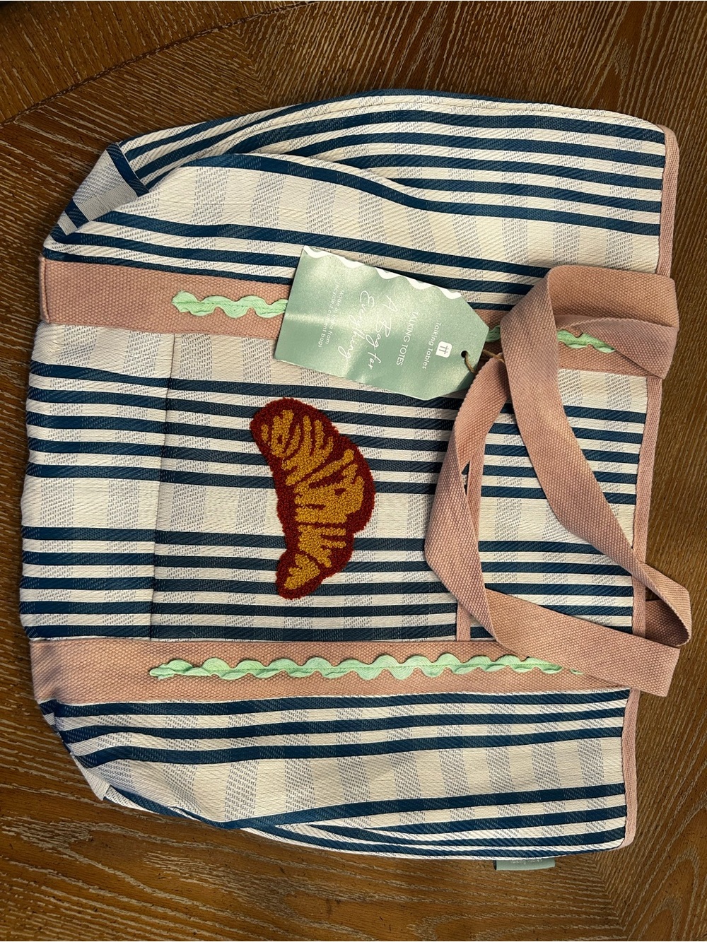 Blue & White Striped Tote with Pink Trim and Croissant Embroidery